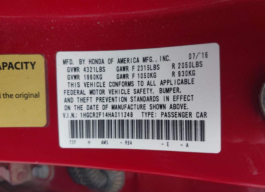 Photo 9 of 2017 Honda Accord SPORT SE (VIN 1HGCR2F14HA011248)