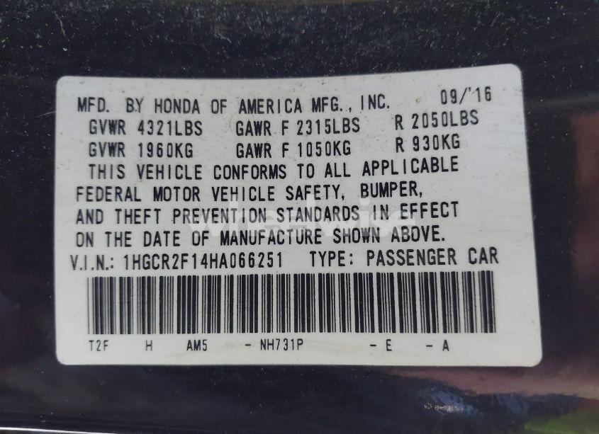 Photo 9 of 2017 Honda Accord SPORT SE (VIN 1HGCR2F14HA066251)