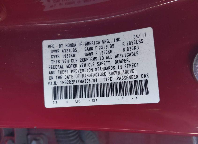 Photo 9 of 2017 Honda Accord SPORT SE (VIN 1HGCR2F14HA206704)