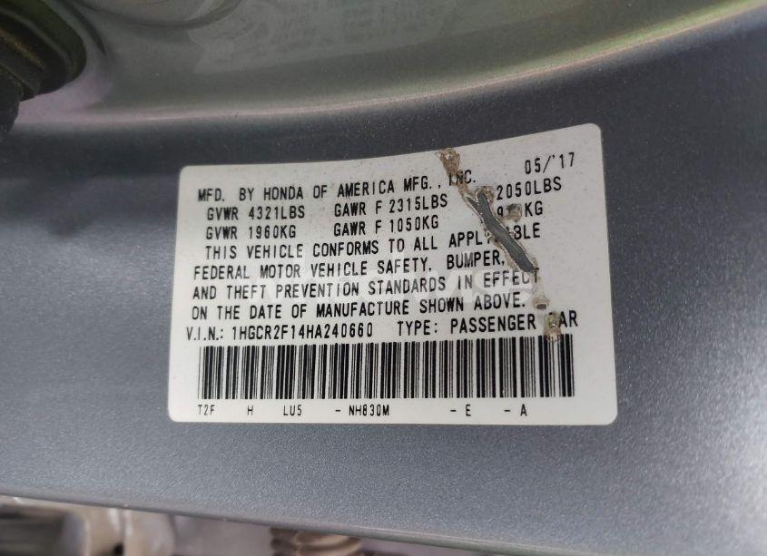 Photo 9 of 2017 Honda Accord SPORT SE (VIN 1HGCR2F14HA240660)
