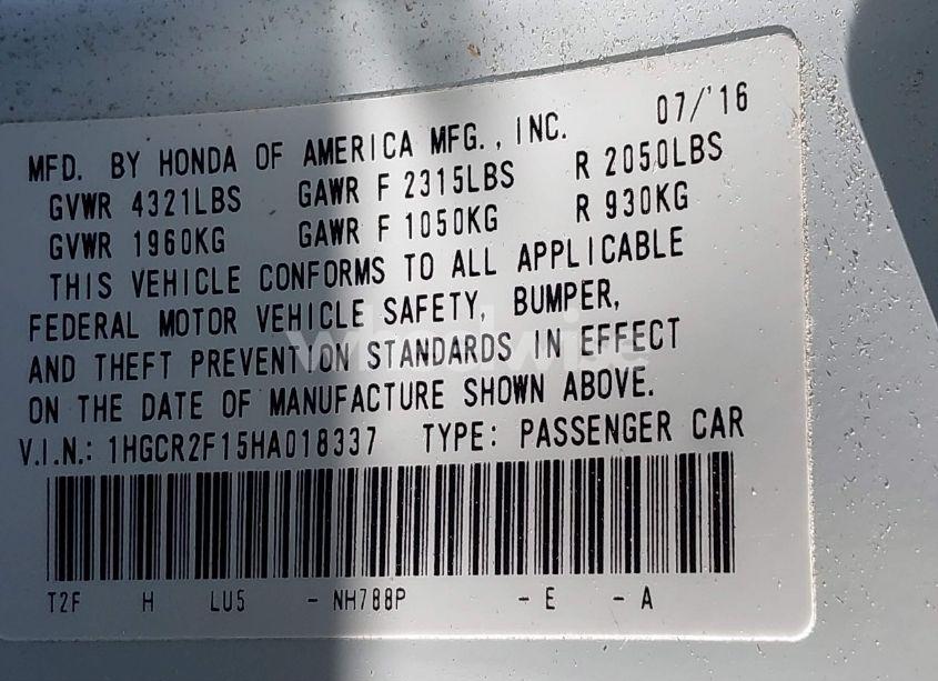 Photo 9 of 2017 Honda Accord SPORT SE (VIN 1HGCR2F15HA018337)