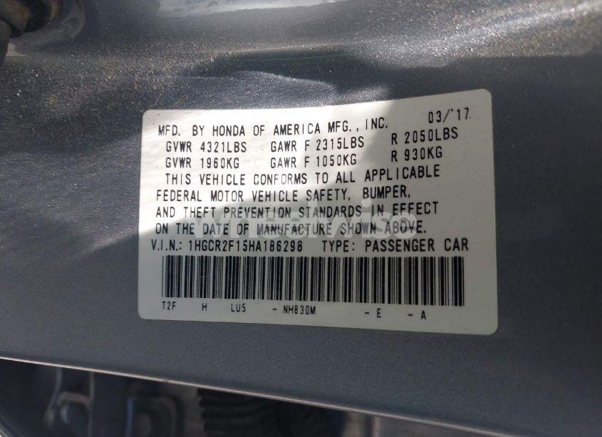 Photo 9 of 2017 Honda Accord SPORT SE (VIN 1HGCR2F15HA186298)