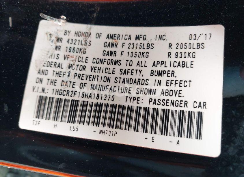 Photo 9 of 2017 Honda Accord SPORT SE (VIN 1HGCR2F16HA181370)