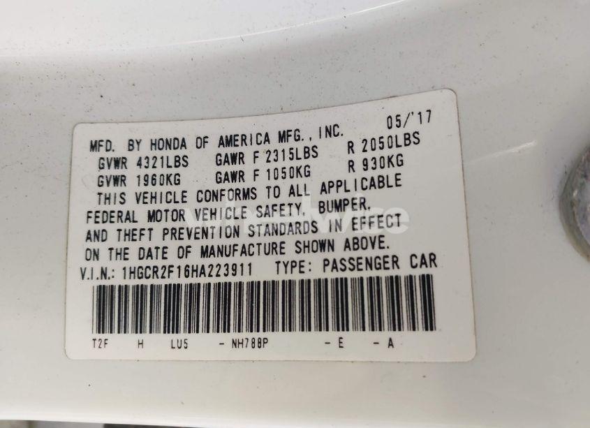 Photo 9 of 2017 Honda Accord SPORT SE (VIN 1HGCR2F16HA223911)