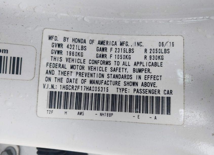 Photo 9 of 2017 Honda Accord SPORT SE (VIN 1HGCR2F17HA005315)