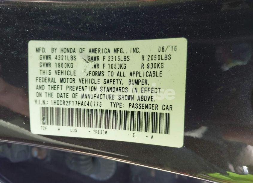 Photo 9 of 2017 Honda Accord SPORT SE (VIN 1HGCR2F17HA040775)