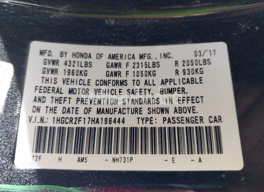 Photo 9 of 2017 Honda Accord SPORT SE (VIN 1HGCR2F17HA196444)