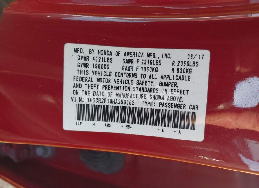 Photo 9 of 2017 Honda Accord SPORT SE (VIN 1HGCR2F18HA258062)