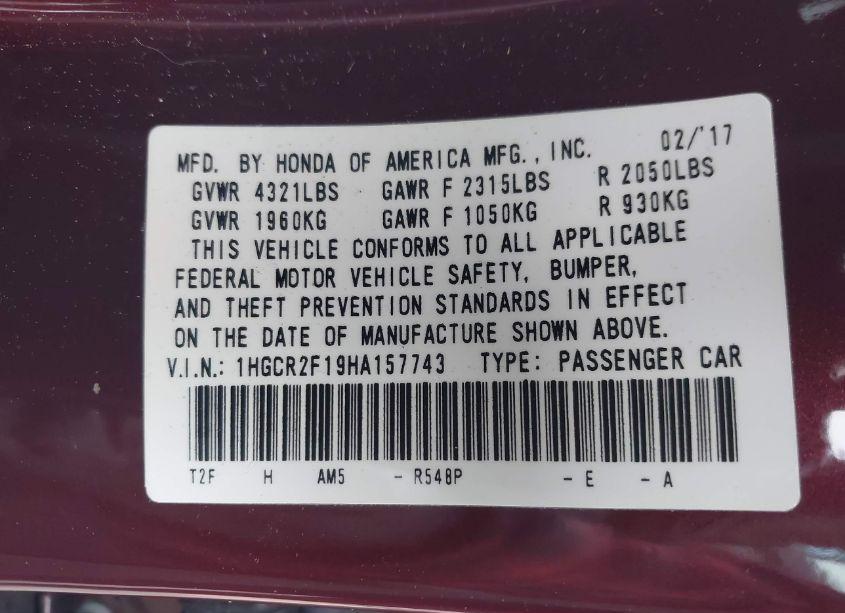 Photo 9 of 2017 Honda Accord SPORT SE (VIN 1HGCR2F19HA157743)