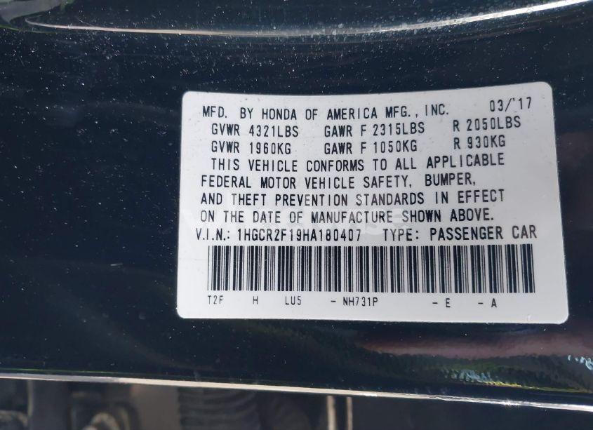 Photo 9 of 2017 Honda Accord SPORT SE (VIN 1HGCR2F19HA180407)