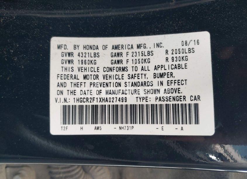 Photo 9 of 2017 Honda Accord SPORT SE (VIN 1HGCR2F1XHA027499)