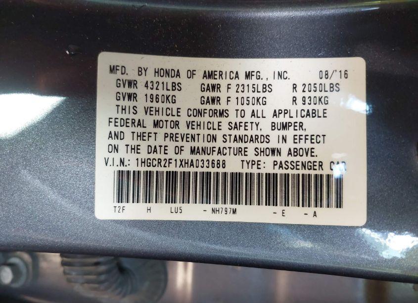 Photo 9 of 2017 Honda Accord SPORT SE (VIN 1HGCR2F1XHA033688)