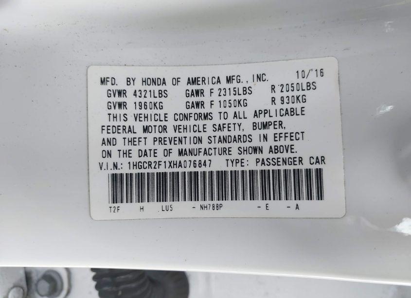 Photo 9 of 2017 Honda Accord SPORT SE (VIN 1HGCR2F1XHA076847)