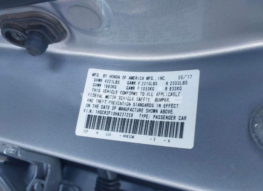 Photo 9 of 2017 Honda Accord SPORT SE (VIN 1HGCR2F1XHA237259)