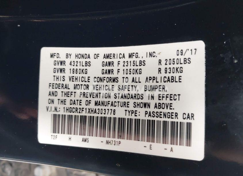 Photo 9 of 2017 Honda Accord SPORT SE (VIN 1HGCR2F1XHA303776)