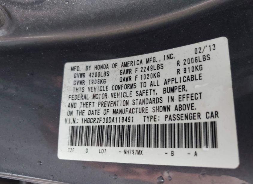 Photo 9 of 2013 Honda Accord LX (VIN 1HGCR2F30DA119491)