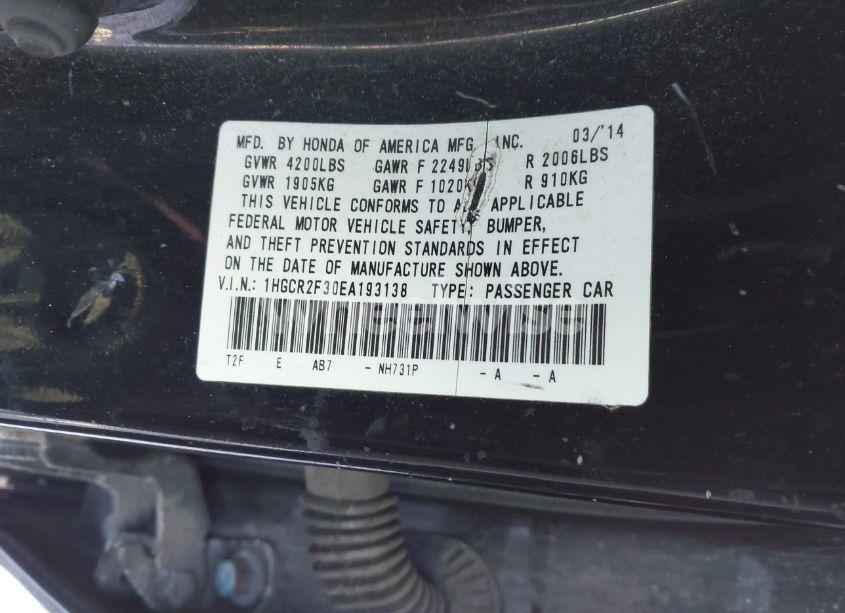 Photo 9 of 2014 Honda Accord LX (VIN 1HGCR2F30EA193138)