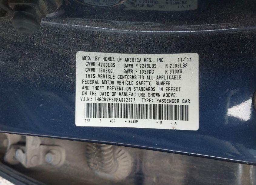 Photo 9 of 2015 Honda Accord LX (VIN 1HGCR2F30FA072577)