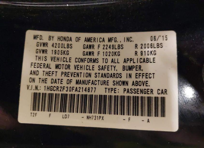 Photo 9 of 2015 Honda Accord LX (VIN 1HGCR2F30FA214877)