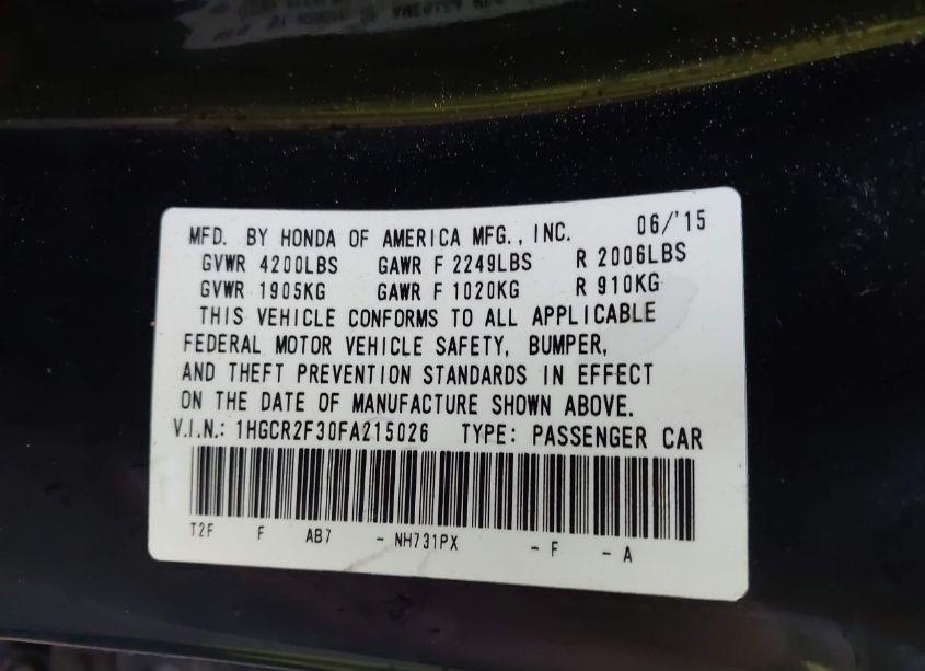 Photo 9 of 2015 Honda Accord LX (VIN 1HGCR2F30FA215026)