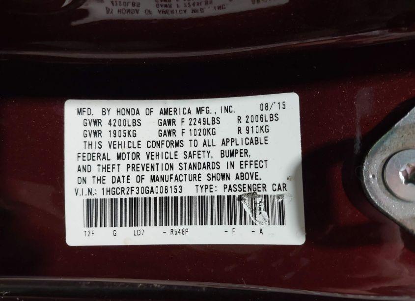 Photo 9 of 2016 Honda Accord LX (VIN 1HGCR2F30GA008153)