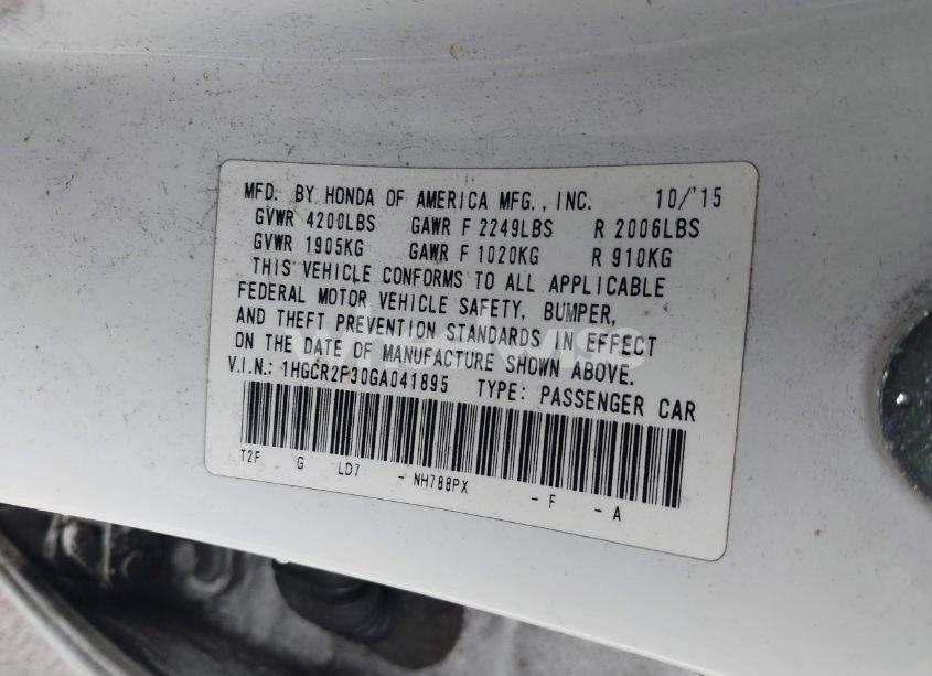 Photo 9 of 2016 Honda Accord LX (VIN 1HGCR2F30GA041895)