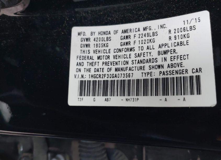 Photo 9 of 2016 Honda Accord LX (VIN 1HGCR2F30GA073567)