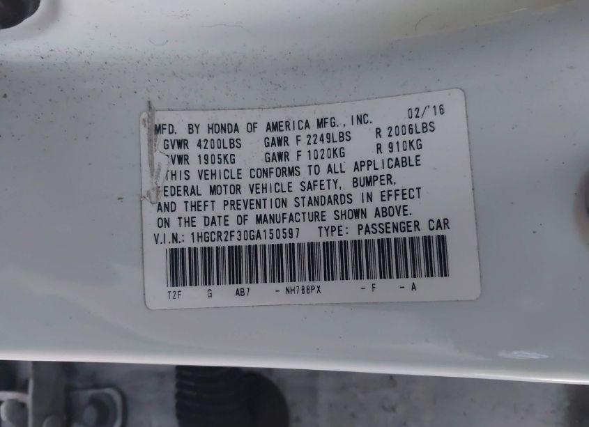 Photo 9 of 2016 Honda Accord LX (VIN 1HGCR2F30GA150597)