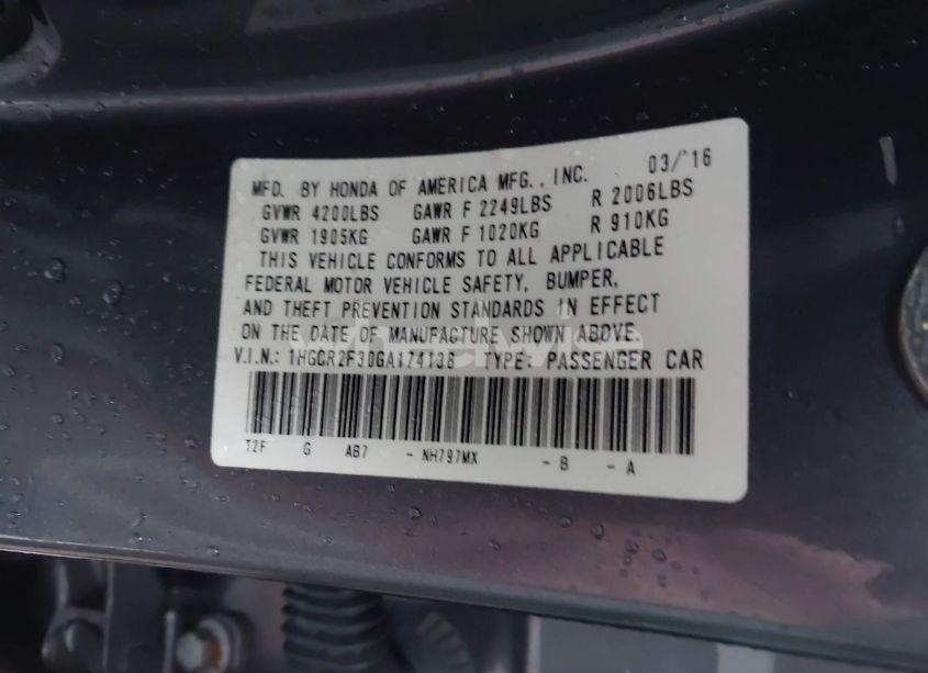 Photo 9 of 2016 Honda Accord LX (VIN 1HGCR2F30GA174138)