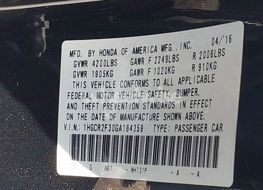 Photo 9 of 2016 Honda Accord LX (VIN 1HGCR2F30GA184359)