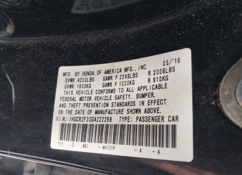 Photo 9 of 2016 Honda Accord LX (VIN 1HGCR2F30GA222298)