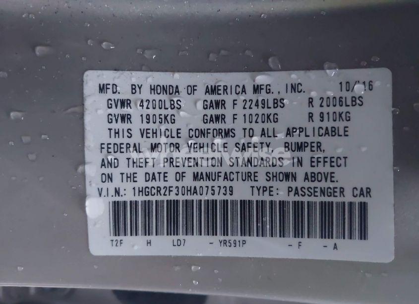 Photo 9 of 2017 Honda Accord LX (VIN 1HGCR2F30HA075739)