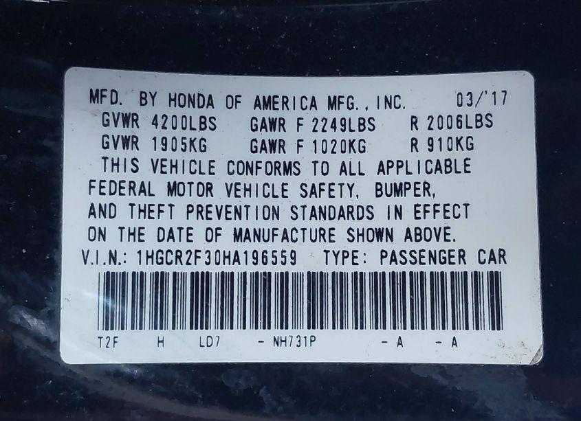 Photo 9 of 2017 Honda Accord LX (VIN 1HGCR2F30HA196559)