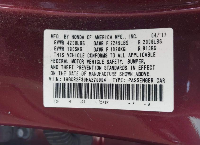 Photo 9 of 2017 Honda Accord LX (VIN 1HGCR2F30HA220004)