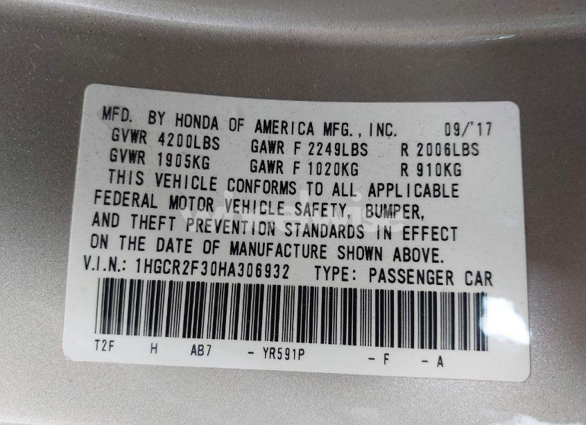 Photo 9 of 2017 Honda Accord LX (VIN 1HGCR2F30HA306932)