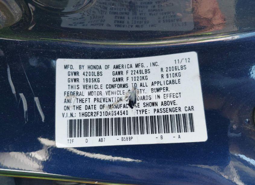 Photo 9 of 2013 Honda Accord LX (VIN 1HGCR2F31DA054540)