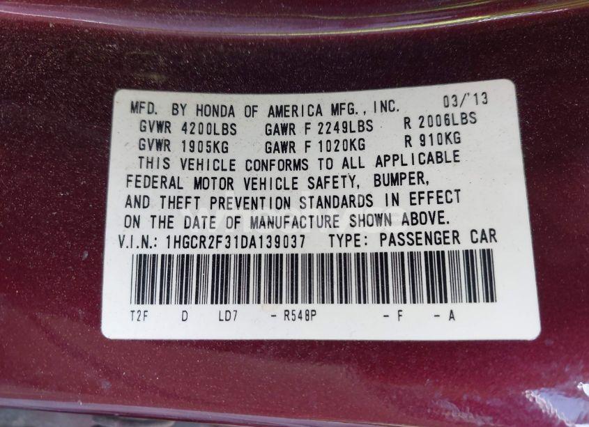 Photo 9 of 2013 Honda Accord LX (VIN 1HGCR2F31DA139037)