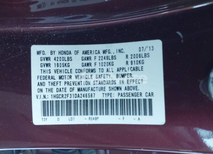 Photo 9 of 2013 Honda Accord LX (VIN 1HGCR2F31DA246587)