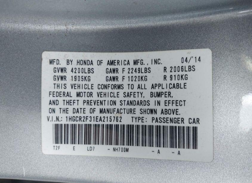 Photo 9 of 2014 Honda Accord LX (VIN 1HGCR2F31EA215762)