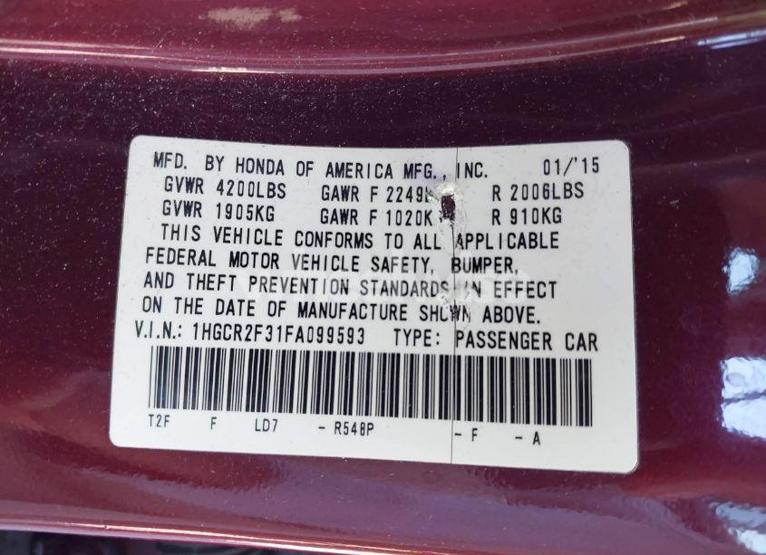 Photo 9 of 2015 Honda Accord LX (VIN 1HGCR2F31FA099593)