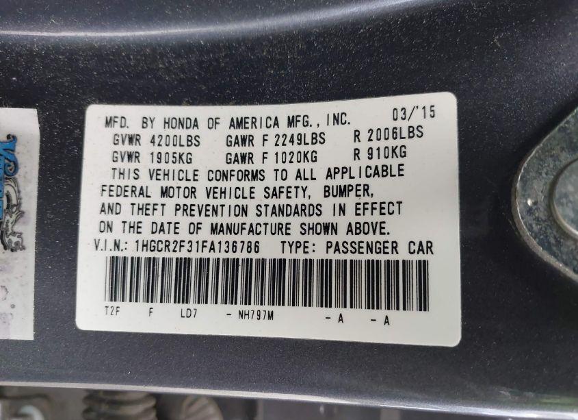 Photo 9 of 2015 Honda Accord LX (VIN 1HGCR2F31FA136786)