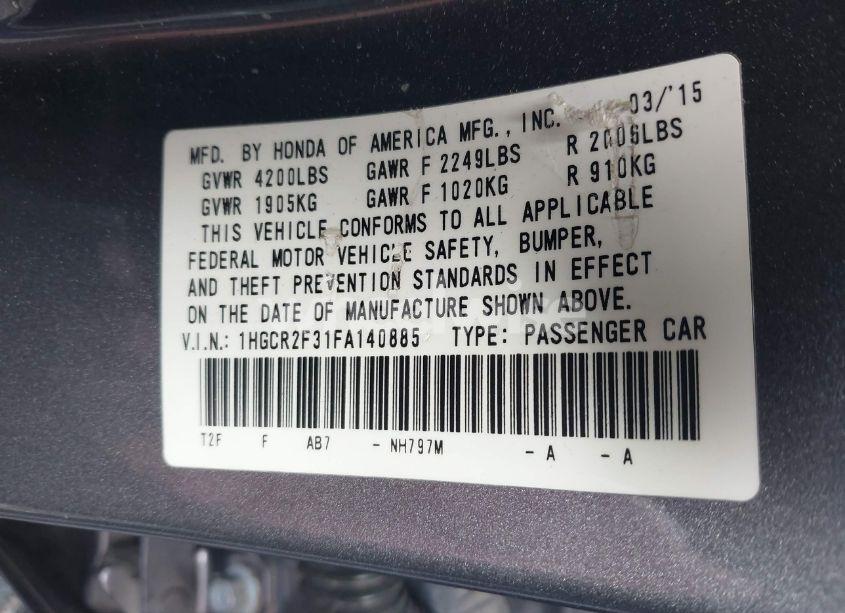 Photo 9 of 2015 Honda Accord LX (VIN 1HGCR2F31FA140885)