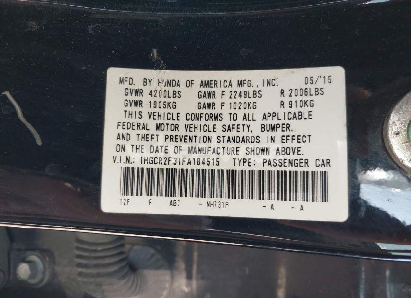 Photo 9 of 2015 Honda Accord LX (VIN 1HGCR2F31FA184515)