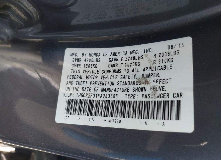 Photo 9 of 2015 Honda Accord LX (VIN 1HGCR2F31FA263506)