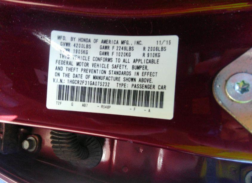 Photo 9 of 2016 Honda Accord LX (VIN 1HGCR2F31GA075232)