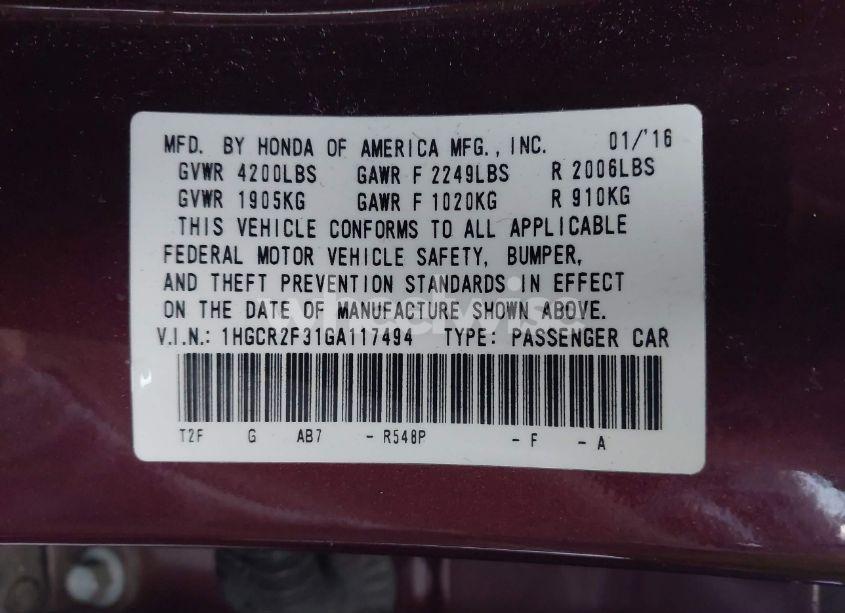 Photo 9 of 2016 Honda Accord LX (VIN 1HGCR2F31GA117494)