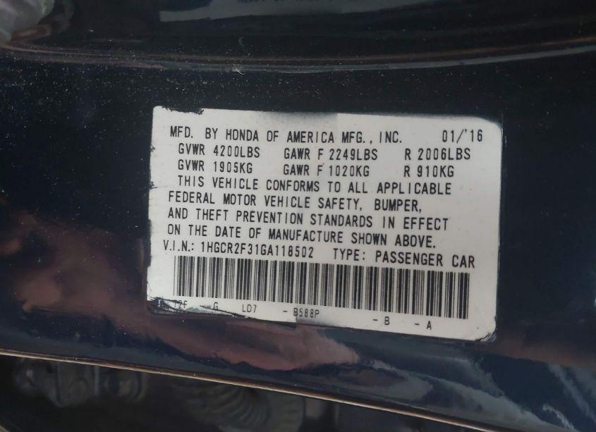 Photo 9 of 2016 Honda Accord LX (VIN 1HGCR2F31GA118502)