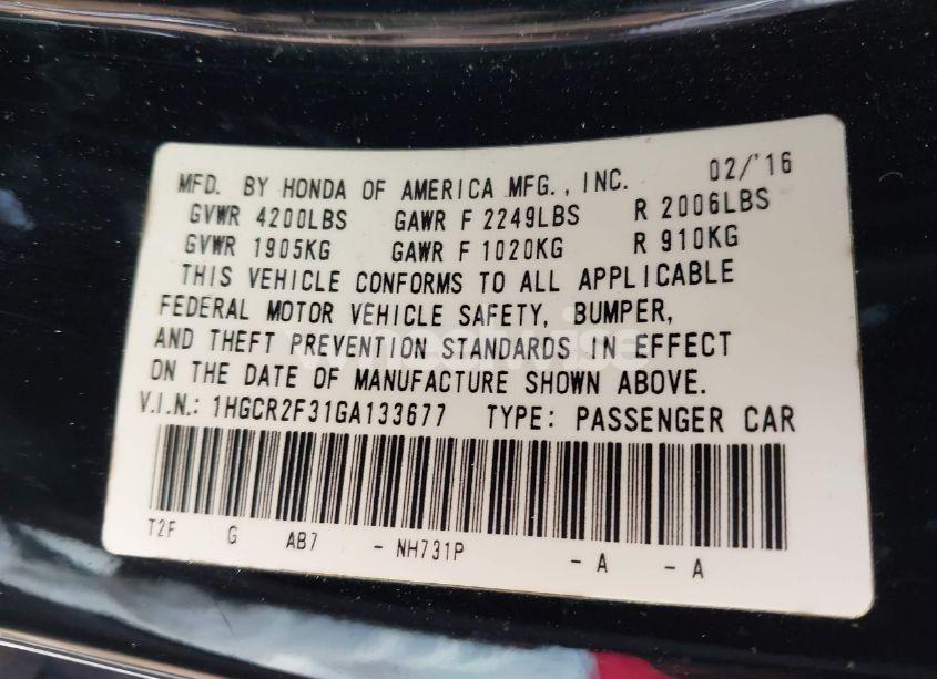 Photo 9 of 2016 Honda Accord LX (VIN 1HGCR2F31GA133677)