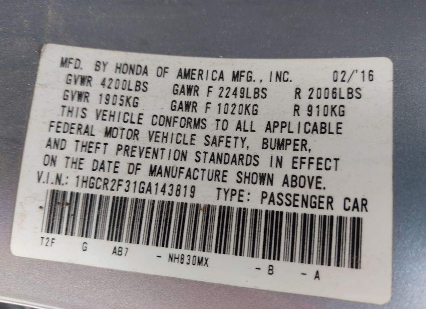 Photo 9 of 2016 Honda Accord LX (VIN 1HGCR2F31GA143819)