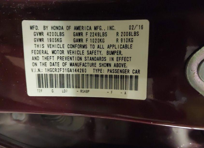 Photo 9 of 2016 Honda Accord LX (VIN 1HGCR2F31GA144260)